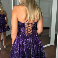 Spaghetti Strap Purple Sequin Short Prom Dress Homecoming Dress  - Thumbnail 1