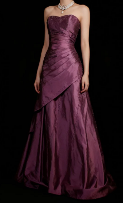 Glitter Strapless A-line Pleated Long Prom Dresses With Beaded 