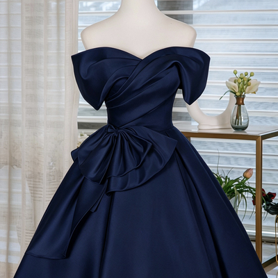 Navy satin short a-line prom party dress