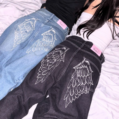 Y2k wings rinestone ‌straight leg baggy jeans denim pants