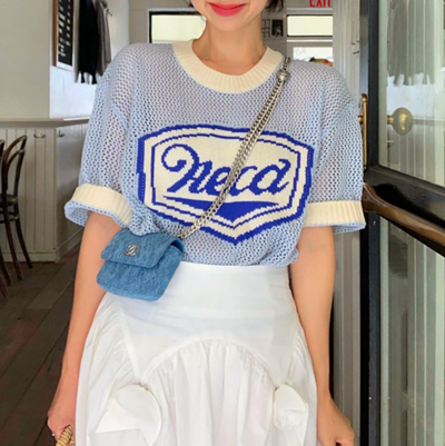 Acea Embroidery Hollow Out Blue Top