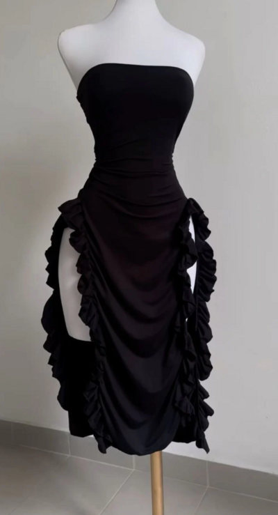 Sheath Strapless Black Satin Formal Evening Dress Birthday Outfits