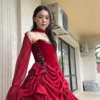 Elegant High Low Burgundy Satin Prom Dress Party Dress With Sleeves - Thumbnail 1