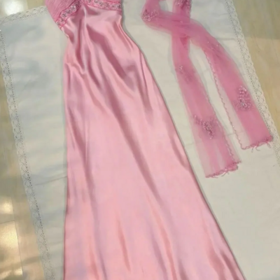 Sweetheart a line pink satin sequin long prom dresses  - Thumbnail 1