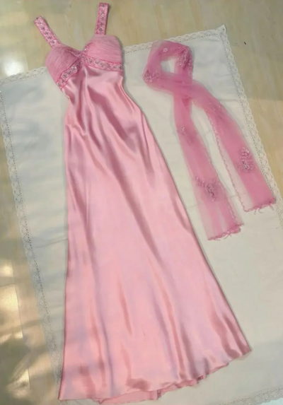 Sweetheart A Line Pink Satin Sequin Long Prom Dresses 