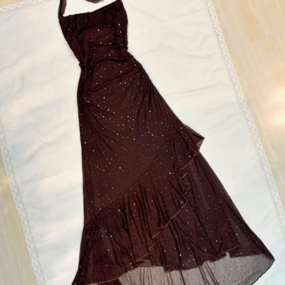 Vintage brown halter neck sheath sequin long prom dresses