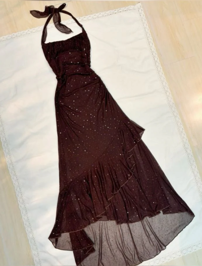 Vintage Brown Halter Neck Sheath Sequin Long Prom Dresses