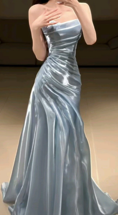 Beautiful A Line Strapless Pleated Satin Long Party Dresses Evening Dresses