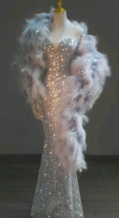 Sweetheart Mermaid Silver Evening Dress Prom Dress With Feather Cape