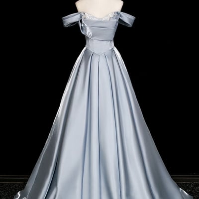 Grey blue satin long a-line prom party dress