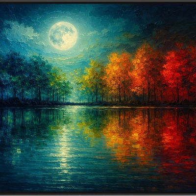 Moonlit forest reflection art print 36x24 colorful landscape wall decor