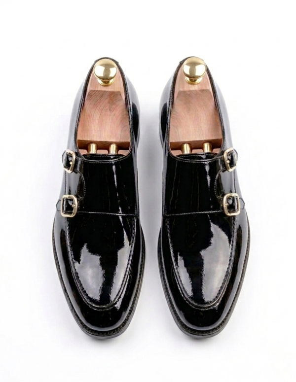 Crafted Leather Men Classic Black Patent Leather Double Monk Strap Dress Shoes