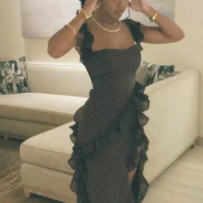 Spaghetti straps sheath black stain ruffles chiffon prom dresses formal dress