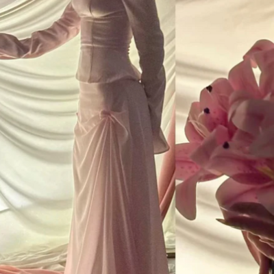 New arrive elegant pink loog sleeves prom dress off shoulder long party dress