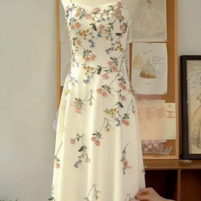 Spaghetti straps ivory floral a line satin prom dresses evening gowns - Thumbnail 1