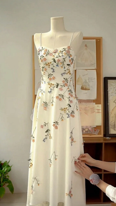 Spaghetti Straps Ivory Floral A line Satin Prom Dresses Evening Gowns