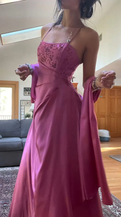 Straps A Line Pink Beaded Low Back Prom Dresses