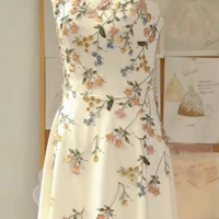 Spaghetti Straps Ivory Floral A line Satin Prom Dresses Evening Gowns - Thumbnail 1