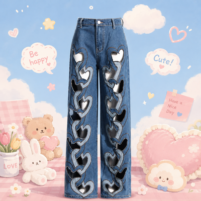 Heart-shaped cutout wide-leg denim pants