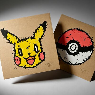 Diptych painting by celipe perroloco "corrupted pika & ball" 