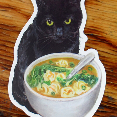Black cat with wonton soup sticker