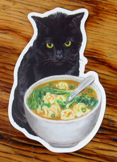 Black Cat with Wonton Soup Sticker