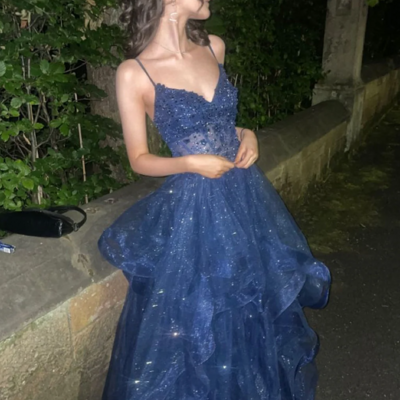 Straps a line navy blue tulle lace long prom dress formal evening dresses