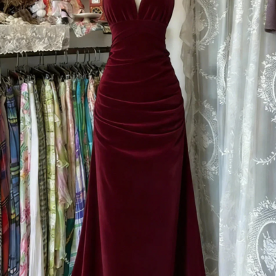 Halter wine red low back velvet prom dress formal evening gowns