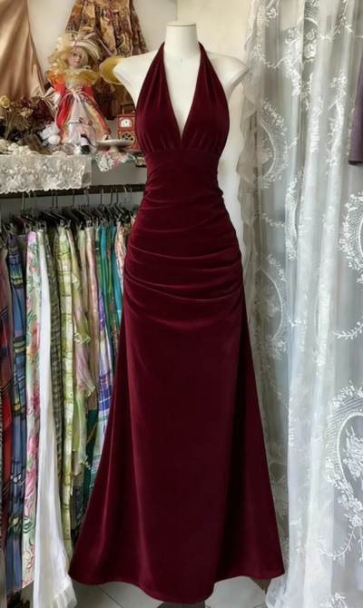 Halter Wine Red Low Back Velvet Prom Dress Formal Evening Gowns