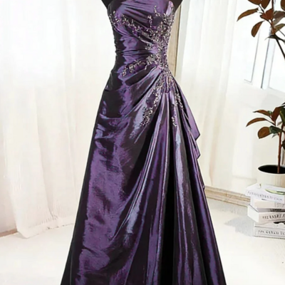 Elegant strapless ruched a-line dark purple taffeta prom dresses