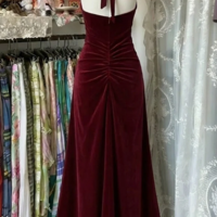 Halter Wine Red Low Back Velvet Prom Dress Formal Evening Gowns - Thumbnail 1