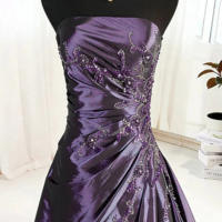 Elegant Strapless Ruched A-Line Dark Purple Taffeta Prom Dresses - Thumbnail 1