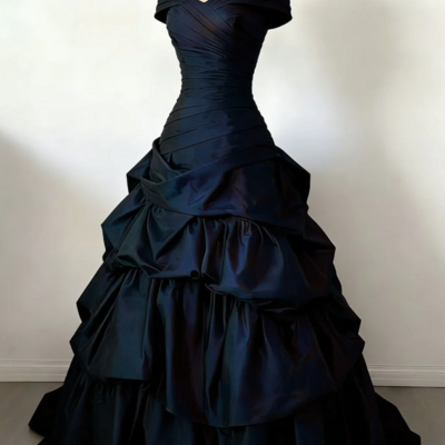Off shoulder ball gown navy blue tiered party dress, sweet 16 gowns
