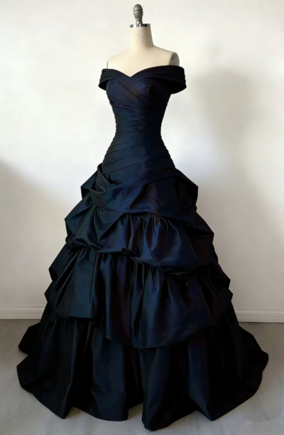 Off Shoulder Ball Gown Navy Blue Tiered Party Dress, Sweet 16 Gowns