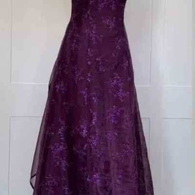 Vintage strapless purple lace applique prom dress long formal evening dress