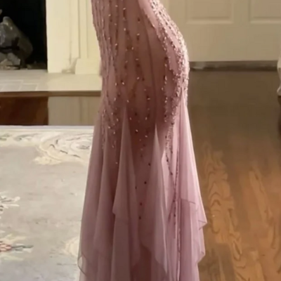 Custom sheath v neck pink chiffon ruffles long prom dresses