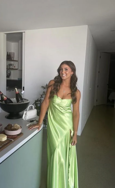Straps Sleeveless Apple Green Silk Satin Ruffles Evening Dresses