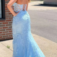 Sweetheart Sky Blue Lace Appliques Prom Dresses With Split - Thumbnail 1