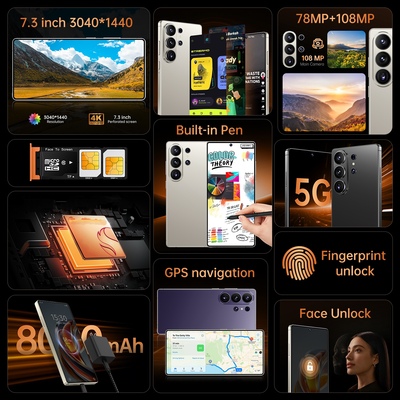 Smartphone 7.3inch new arrived  3040*1440  78mp+108mp face unlock 8000mah battery build in pen design 16tb+1tb flash memory