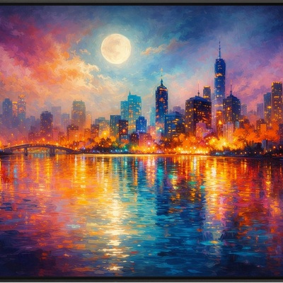 Moonlit blue gold city skyline art print 36x24 matte urban wall decor