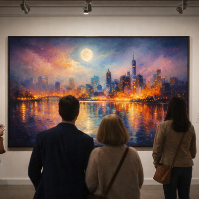 Moonlit blue gold city skyline art print 36x24 matte urban wall decor