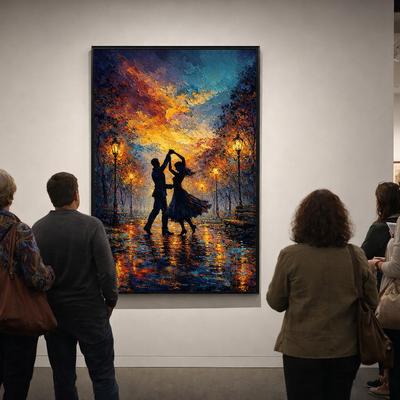 Romantic autumn park dance art print orange blue 24x36 matte unframed