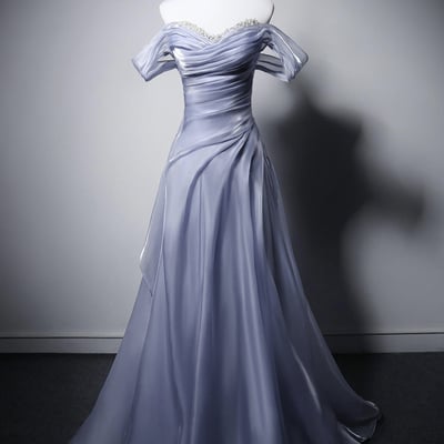 Blue purple off-the-shoulder organza evening gown with ruched bodice