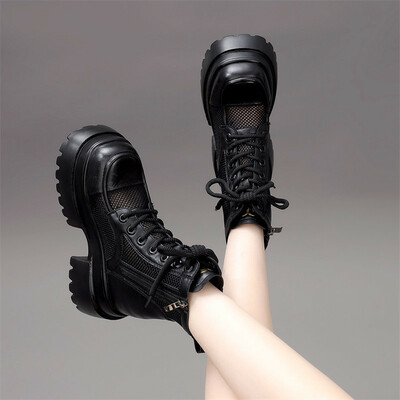 Women's spring/summer thin breathable mesh short boots new genuine leather hollow out cold weather boots 12cm