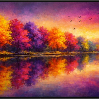 Radiant autumn lake reflections art print 36x24 orange purple wall decor