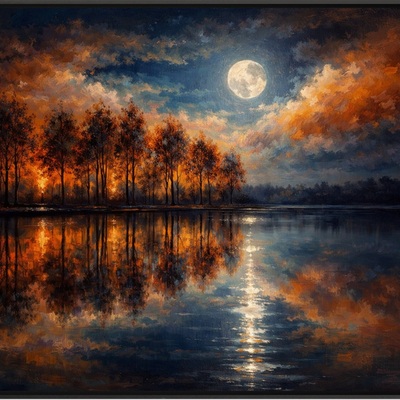 Autumn orange blue moonlit lake art print 36x24 matte unframed wall decor