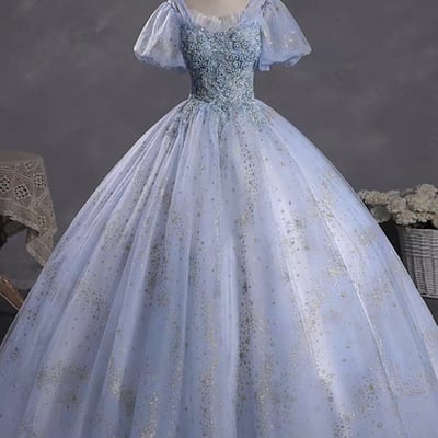 Blue puff sleeve ball gown prom dress with sequin starry tulle 