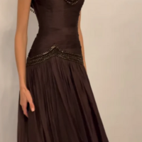 A Line Dark Brown Short Sleeve Chiffon Long Prom Dress With Beaded  - Thumbnail 1