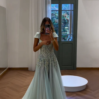 Mermaid baby blue exquisite beaded tulle prom dresses formal evening dresses
