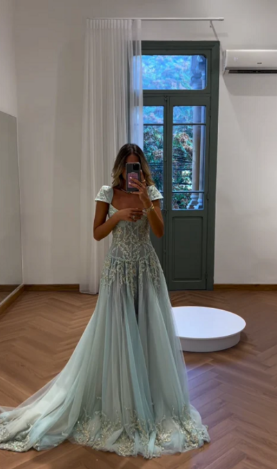 Mermaid Baby Blue Exquisite Beaded Tulle Prom Dresses Formal Evening Dresses